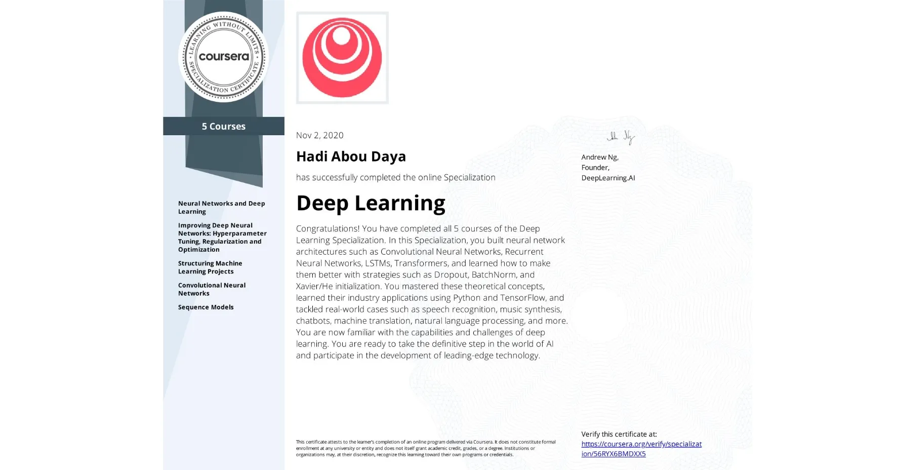 DeepLearning.AI Deep Learning Specialization